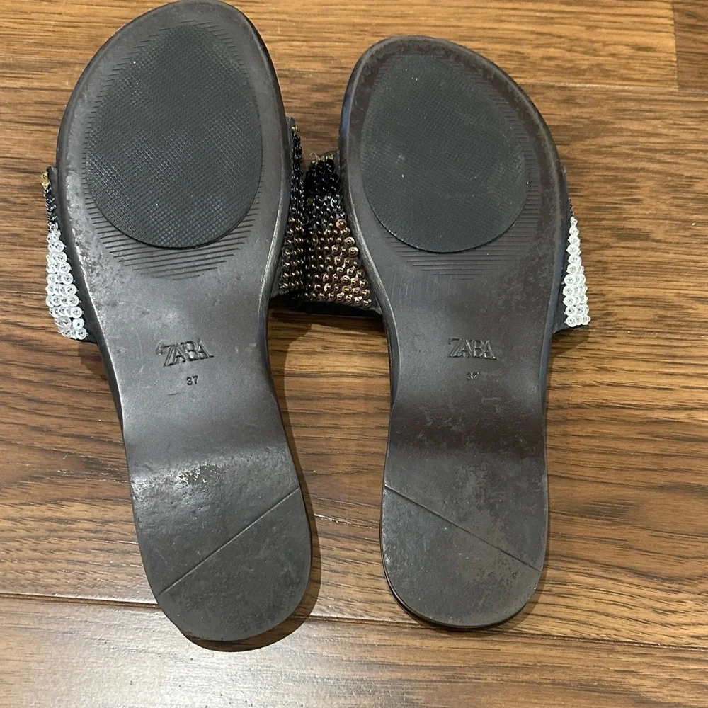 Zara Brown Beaded Slide sandals with Gold & Black beaded  Accents Camo size 37 - Picture 3 of 6